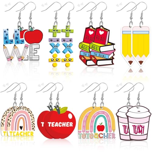 8 Pairs Teacher Acrylic Earrings Dangle for Women | Rainbow Pencil Book Earrings, Graduation Back to School Teacher Appreciation Gifts, Acrylic Material, Double Side Jewelry - style: Teacher’s Day