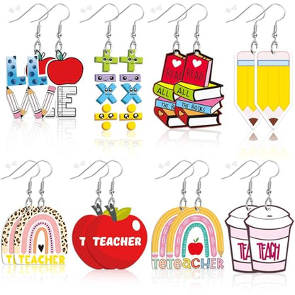 8 Pairs Teacher Acrylic Earrings Dangle for Women | Rainbow Pencil Book Earrings, Graduation Back to School Teacher Appreciation Gifts, Acrylic Material, Double Side Jewelry - style: Teacher’s Day