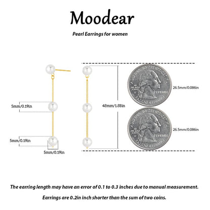 Moodear Pearl Earrings for Women, 14K Gold Plated Drop Earrings Jewelry | Lightweight Hypoallergenic Pearl Drop Dangle Earrings, Wedding Jewelry Gift, Dainty Design, Daily Wear & Special Occasions - style: 3 pearl drop