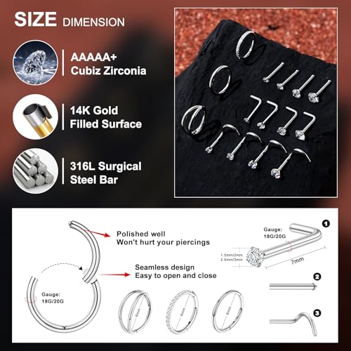 20G/18G Nose Studs Stainless Steel Nose Piercing Nose Ring Set I L S Shape Body Piercing Nose Hoop Ring for Women Men - color: B-15PC-Silver