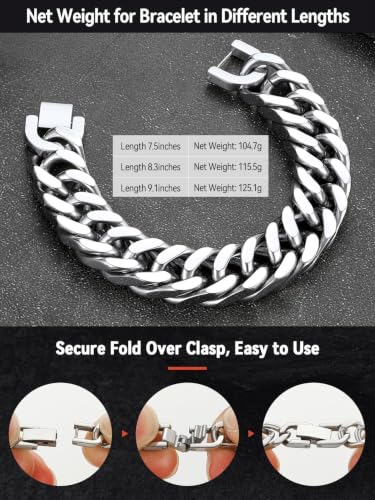 FaithHeart Mens Stainless Steel Cuban Link Bracelet, Tarnish Resistant | 6/8/12/17mm Silver/Black/Gold Sturdy Hip Hop Wrist Chain Bracelets Daily Wear with Gift Box, 7.5"/8.3"/9.1" Length - color: A. Silver-17mm Width, size: Length 7.5 Inches