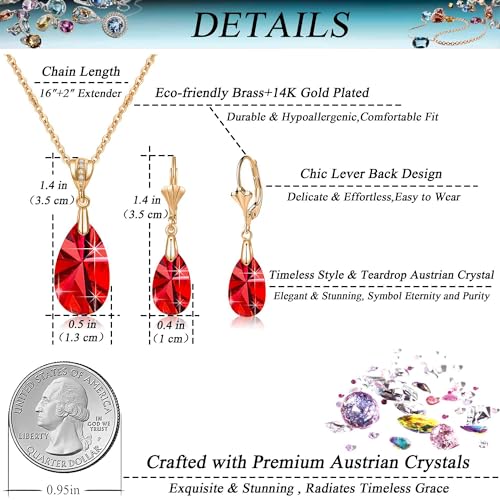 Austrian Crystals Teardrop Pendant Necklace Earrings for Women 14K Gold Plated Hypoallergenic Leverback Drop Dangle Earrings Jewelry Set - color: Red