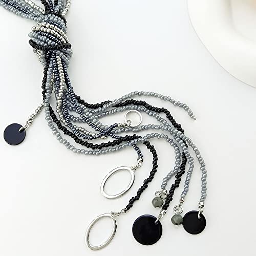 Coiris Long Seed Beaded Multi Strand Necklace,10 Multiple Statement Long Bib Necklace with Tie Knot for Women and Girls Jewelry - color: Black Grey