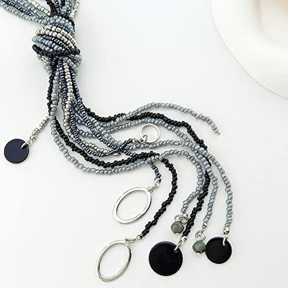 Coiris Long Seed Beaded Multi Strand Necklace,10 Multiple Statement Long Bib Necklace with Tie Knot for Women and Girls Jewelry - color: Black Grey