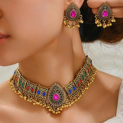 Frodete Indian Jewelry Sets for Women Traditional Bohemian Wedding Jewelry Set Indian Dresses for Women Oxidized Ethnic Party Prom Wear - color: B2:pink indian necklace earring sets