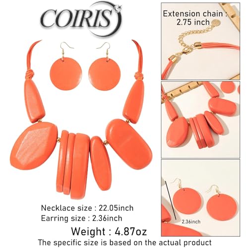 Coiris Chunky Statement Necklace and Earring Sets for Women Boho Wooden Necklaces Earrings Jewelry Set for Women - color: Orange