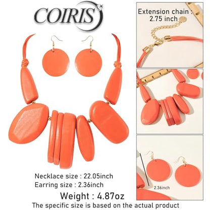 Coiris Chunky Statement Necklace and Earring Sets for Women Boho Wooden Necklaces Earrings Jewelry Set for Women - color: Orange
