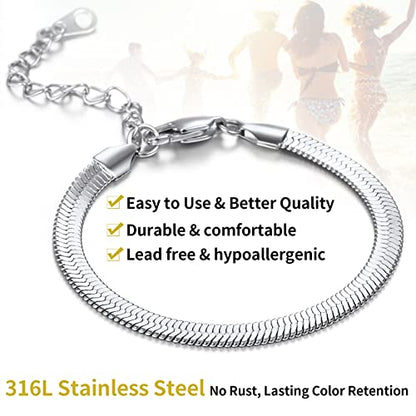 ChainsHouse Stainless Steel Herringbone Flat Chain Bracelets for Women,18K Gold/Rose Gold/Black Metal Paperclip/Snake/Cuban/Figaro Sterling Silver Link Charm Bracelet, 16+5cm Adjustable, With Gift Box - color: e. herringbone-stainless-6mm