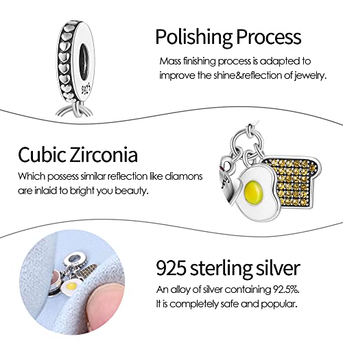Pandach 925 Sterling Silver Charms for Bracelets and Necklaces Travel Round The World Beads Charms Relaxation Dangle Pendant,Jewelry Beads Gifts for Women - style: Coffee Poached Egg Toast Charm