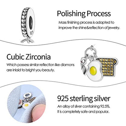 Pandach 925 Sterling Silver Charms for Bracelets and Necklaces Travel Round The World Beads Charms Relaxation Dangle Pendant,Jewelry Beads Gifts for Women - style: Coffee Poached Egg Toast Charm