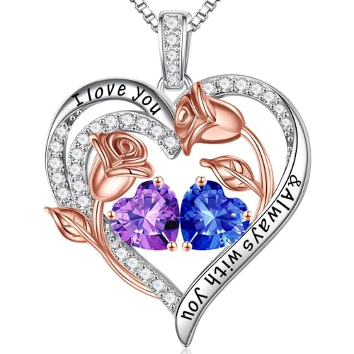 Iefil Birthstone Necklace for Women - Rose Heart Necklace | 925 Sterling Silver, Gift Box Packaging, Anniversary Birthday Gifts for Wife Mom Daughter - color: 02-09-Feb-Sept Birthstone