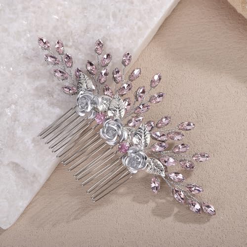3D Flower Hair Comb with Pink Crystal for Wedding Brides Women Banquet Prom Hair Piece Handmade Silver Side Headpiece (Pink) - color: Pink