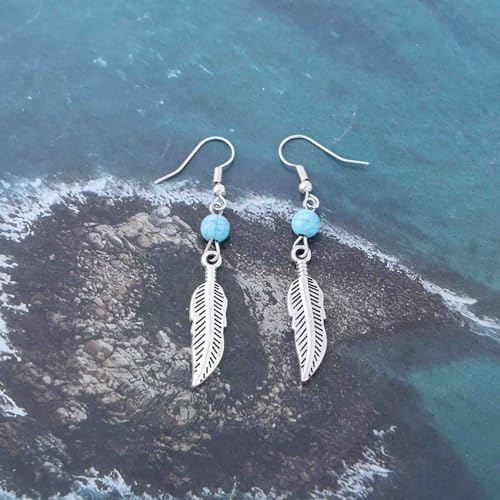 Vintage Turquoise Bead Feather Earrings Silver Feather drop Earrings Turquoise Dangle Hook Earrings Turquoise Feather Earrings Jewelry for Women