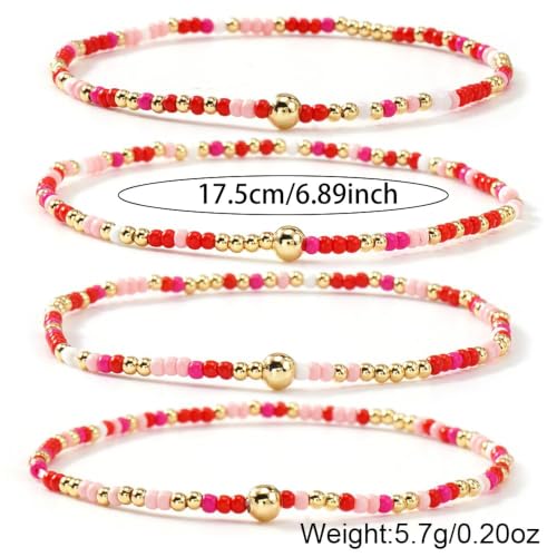 Seed Beaded Stack Bracelets Set for Women,Small Boho 4Pcs Colorful Handmade Dainty Trendy Gold Stretch Accessories Jewelry, Summer Daily Party Friendship Gift - color: Pink Red