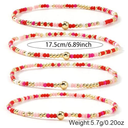 Seed Beaded Stack Bracelets Set for Women,Small Boho 4Pcs Colorful Handmade Dainty Trendy Gold Stretch Accessories Jewelry, Summer Daily Party Friendship Gift - color: Pink Red