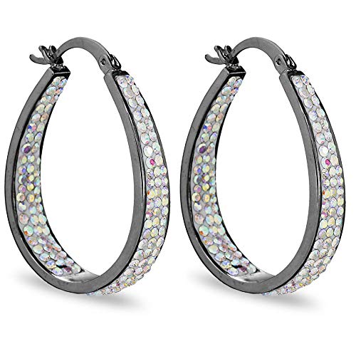 Savlano Inside Out Oval Shape Crystal Hoop Earrings For Women Comes With Savlano Gift Box - color: Gun Metal