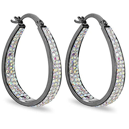 Savlano Inside Out Oval Shape Crystal Hoop Earrings For Women Comes With Savlano Gift Box - color: Gun Metal