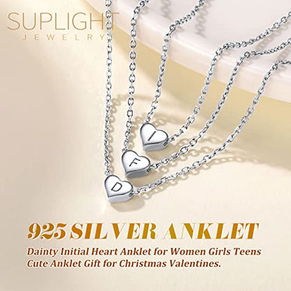 Suplight 925 Sterling Silver Initial Heart Anklets for Women Dainty Ankle Bracelets Letter Anklet Adjustable Plus Size Foot Chain Summer Beach Boho Jewelry - color: P