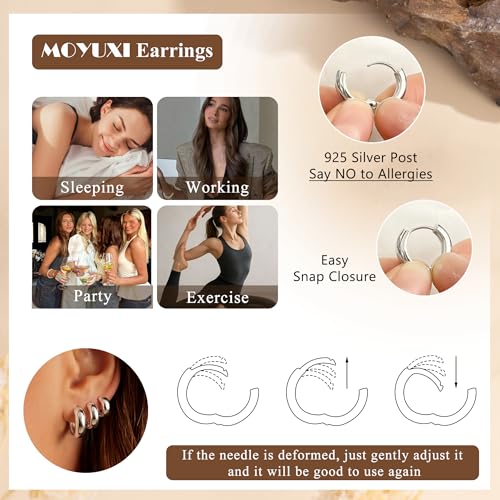 5mm Chunky Hoop Earrings Set, 3 Pairs Durable Bold Small Gold Hoop Earrings, Hypoallergenic 925 Silver Post Huggie Hoops, Lightweight Stacked-Style Thick Hoops Earring for Women - color: Silver, size: 9/11/13mm
