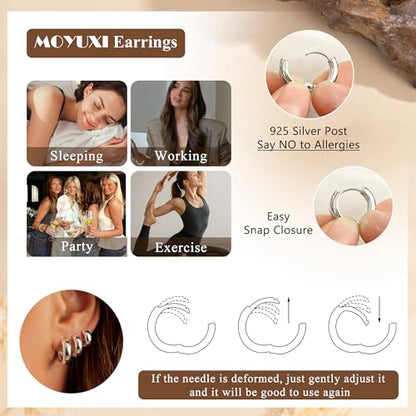 5mm Chunky Hoop Earrings Set, 3 Pairs Durable Bold Small Gold Hoop Earrings, Hypoallergenic 925 Silver Post Huggie Hoops, Lightweight Stacked-Style Thick Hoops Earring for Women - color: Silver, size: 9/11/13mm