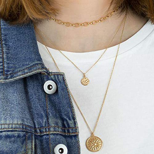 Turandoss Gold Layered Necklaces for Women - 14K Gold Plated Handmade Multilayer Bar Pearls Coin Disc Moon Butterfly Medallion Adjustable Dainty Layered Choker Necklaces for Women Jewelry - style: 3PCS - Chain&Hammered Disc&Sun