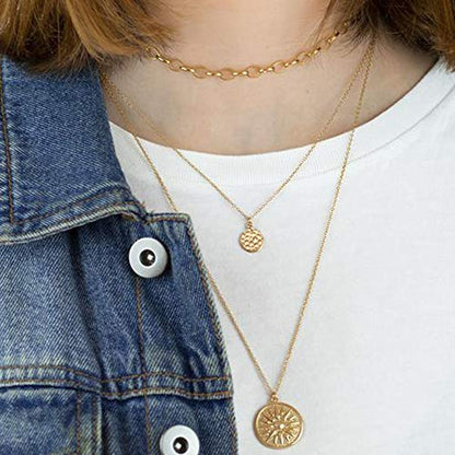 Turandoss Gold Layered Necklaces for Women - 14K Gold Plated Handmade Multilayer Bar Pearls Coin Disc Moon Butterfly Medallion Adjustable Dainty Layered Choker Necklaces for Women Jewelry - style: 3PCS - Chain&Hammered Disc&Sun