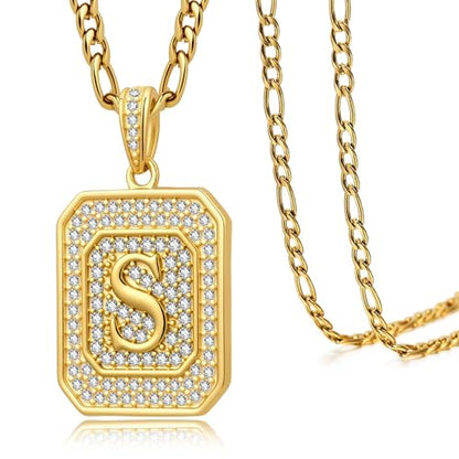 Initial Letter Pendant Necklace for Men Women, 14K/18K Gold A-Z | Square Monogram Pendant Jewelry Waterproof and colorfast with Figaro Chain, Gifts for Women Men - style: 18K Gold S