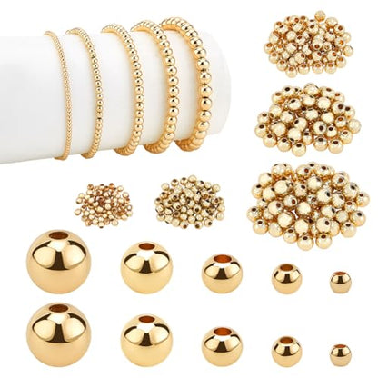 PH PandaHall 14K Gold Plated Spacer Beads, 300pcs Round Brass Beads 5 Size Metal Smooth Beads Seamless Ball Beads Long-lasting Little Beads for Summer Bracelet Necklace Jewelry DIY Crafts(2/3/4/5/6mm) - color: Gold