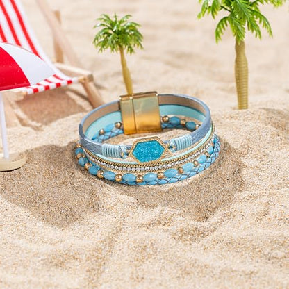 FANCY SHINY Crystal Beaded Leather Wrap Bracelet Stackable Boho Jewelry for Women Resin Stone Bangle Cuff with Magnetic Clasp - color: Teal