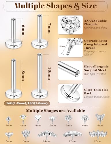 12Pcs 16G/18G Flat Back Cartilage Stud Earrings 18K Gold Plated Helix Stud Earrings for Women 316L Surgical Steel Internally Thread Hypoallergenic Labret Tragus Conch Lip Piercing Jewelry - color: Silver, size: 16G(1.2mm)