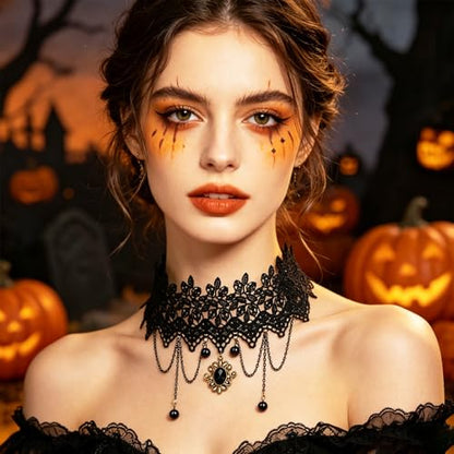 coadipress Gothic Lace Choker Necklace for Women Crystal Royal Court Vampire Choker Gothic Necklace Retro Handmade Halloween Gifts