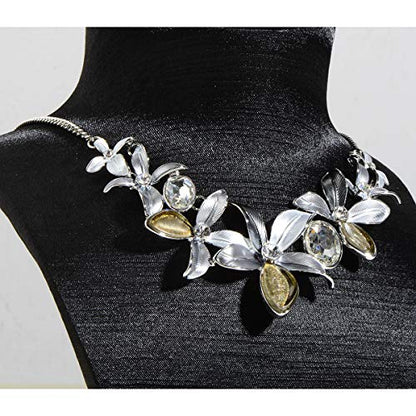 AMYJANE Vintage Statement Jewelry Set - Spring Leaf Flower Floral Plant Necklace Earring Set Crystal Rhinestone Fashion Costume Jewelry for Women Prom Party Unique Gift - style: Flower Jewelry Set Grey