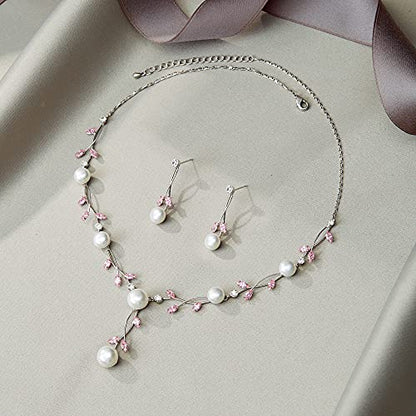 EVER FAITH Cubic Zirconia Pearl Leaf Vine Wedding Jewelry Set for Bride | Crystal Filigree Bridal Necklace Earrings, for Women Bridesmaid - color: 2pcs_Pink Silver-Plated-Brass