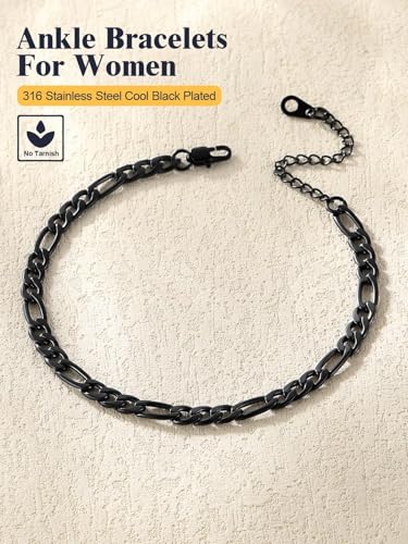 U7 Ankle Bracelets for Women Stainless Steel Waterproof Tarnish Resistant | 18K Gold Plated/Silver/Rose Gold Anklets, Cuban Chain Anklet Bracelets, Perfect for Summer Beach and Vacation Outfits - color: Black-5mm-Figaro Chain