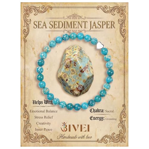 Bivei Crystal Stretch 6mm Bracelets for Women | Handmade Natural Stone Beaded Stretch Bracelet, Stainless Steel Heart Bead, Tranquility Yoga Gift Jewelry for Women - color: Sea Sediment Jasper - Grounding