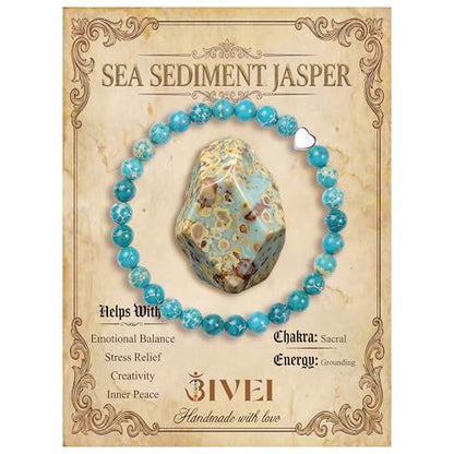 Bivei Crystal Stretch 6mm Bracelets for Women | Handmade Natural Stone Beaded Stretch Bracelet, Stainless Steel Heart Bead, Tranquility Yoga Gift Jewelry for Women - color: Sea Sediment Jasper - Grounding