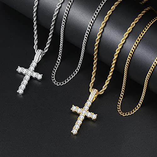 GEMOSA Cross Necklace for Men, Cuban Link Layered Rope Chain Silver/Gold/Black - color: Silver, size: 16/18 inch