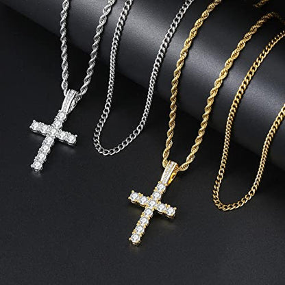 GEMOSA Cross Necklace for Men, Cuban Link Layered Rope Chain Silver/Gold/Black - color: Silver, size: 16/18 inch