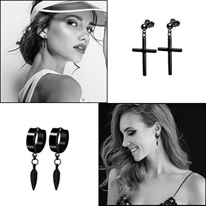 12 Pairs Black Stud Earrings Set for Men and Women - Stainless Steel Cross Jewelry Piercings - color: Black