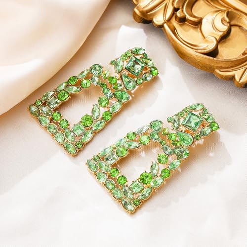 Flyonce Rectangle Clip-on Drop Earrings for Women, Sparkly Rhinestone Crystal Geometric Statement Non Pierced Earring Wedding Prom Party Jewelry for Brides Bridesmaid - color: Light Green