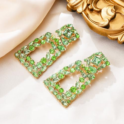 Flyonce Rectangle Clip-on Drop Earrings for Women, Sparkly Rhinestone Crystal Geometric Statement Non Pierced Earring Wedding Prom Party Jewelry for Brides Bridesmaid - color: Light Green