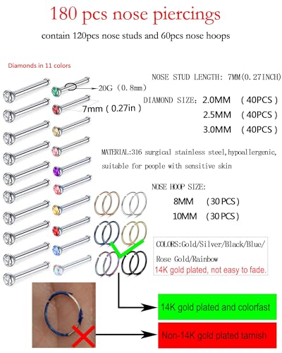 180Pcs 20G Surgical Stainless Steel Nose Rings Hoops Straight/L Shapes Nose Studs 2.0/2.5/3.0mm Cubic zirconia Hypoallergenic Nose Studs Silver Gold Rose Gold Black Rainbow Blue Lip Rings Nose Rings Piercing Jewelry Set for Women Men - style: B:Hoops &I S