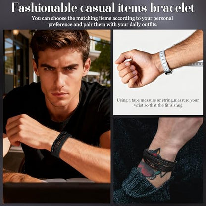 REVOLIA 3Pcs Black Leather Bracelets for Men Women Braided Leather Wristband Cuff Bracelets Multi-Layer Braided Leather Bracelets Set 7.5-9 Inches - color: Black