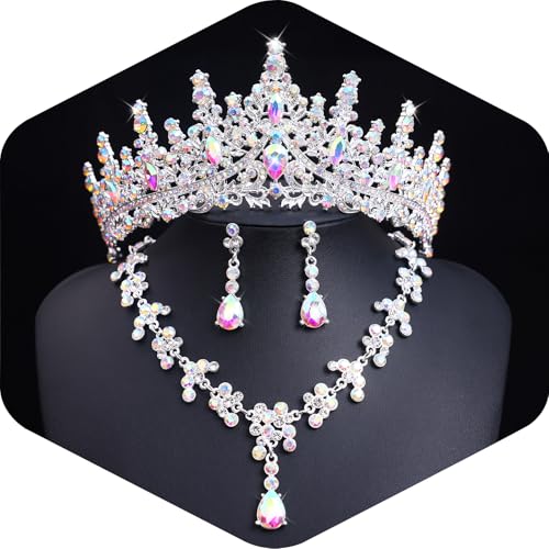 Crystal Crown and Tiara Jewelry Set for Women Bride with Necklace Earrings | Metal Rhinestone Royal Queen Princess Jewelry Set Wedding Quinceanera Pageant Prom Birthday Halloween Party Costume Gift - color: Silver AB