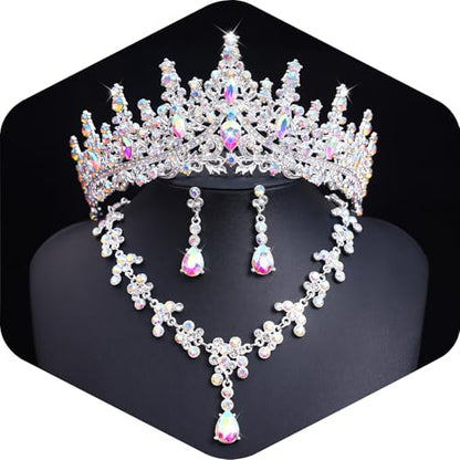 Crystal Crown and Tiara Jewelry Set for Women Bride with Necklace Earrings | Metal Rhinestone Royal Queen Princess Jewelry Set Wedding Quinceanera Pageant Prom Birthday Halloween Party Costume Gift - color: Silver AB