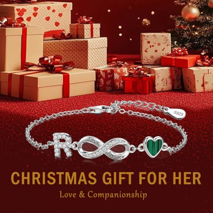 925 Sterling Silver Adjustable Letter Bracelets Infinity Heart Emerald Charm Link Bracelet ，Personalized Charm Alphabet Jewelry Valentines Christmas Mother’s Day Birthday Gifts - color: R