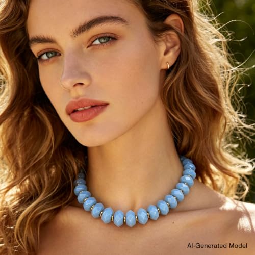 Colorful Chunky Acrylic Beaded Choker Necklaces for Women | Multicolor Faceted Beads, Sturdy Metal Chain, Adjustable Detachable, Lightweight, Summer Boho, Sparkly Statement Jewelry Gift - color: Blue
