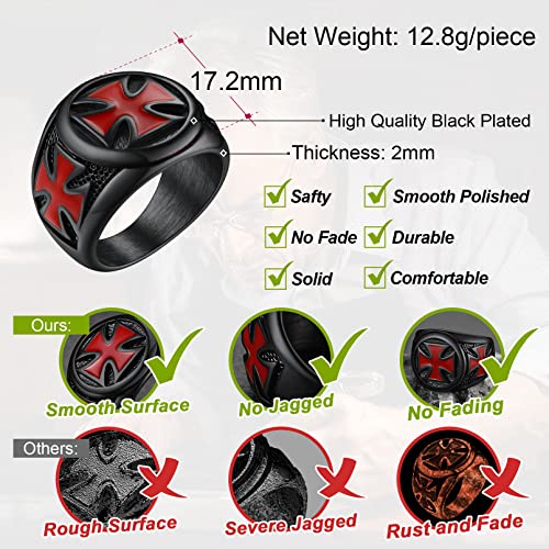 FaithHeart Mens Stainless Steel Crusader Jerusalem Cross Ring with 18K Gold Plated Two Tone Ring Size 7,8,9,10,11,12 - color: 01. Cross-Black