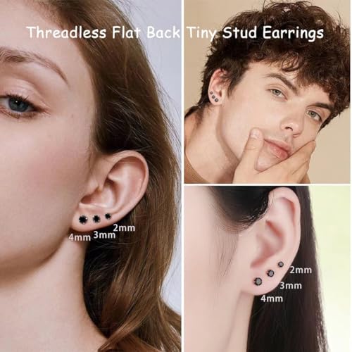 5-6 pairs Push-in Flat Back Stud Earrings Hypoallergenic Surgical Stainless Steel Cubic Zirconia Earrings Studs Set Multi-Pack, CZ Stud Earrings for Women Men Trendy Cartilage Stud Earrings 2-8mm - color: black-2/3/4mm(6pairs)
