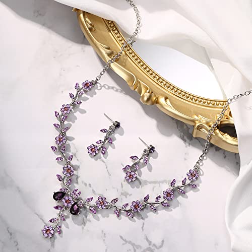 Women's Wedding Jewelry Set for Bride,Prom Bridal Accessories | Bling Crystal,Flower Leaf Cluster,Dangle Earrings Pendant Necklace Set,for Bridesmaid,Party Jewellery - color: 05-Purple Silver-Tone